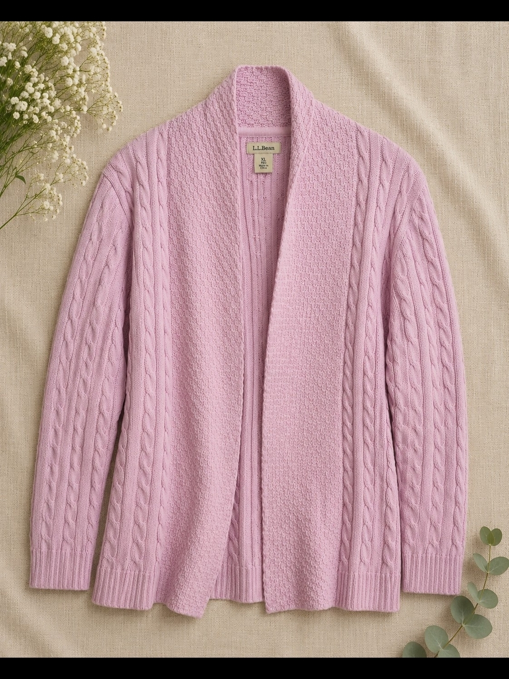 L.L. Bean Pastel Pink Cable Shawl-Collar Cardigan